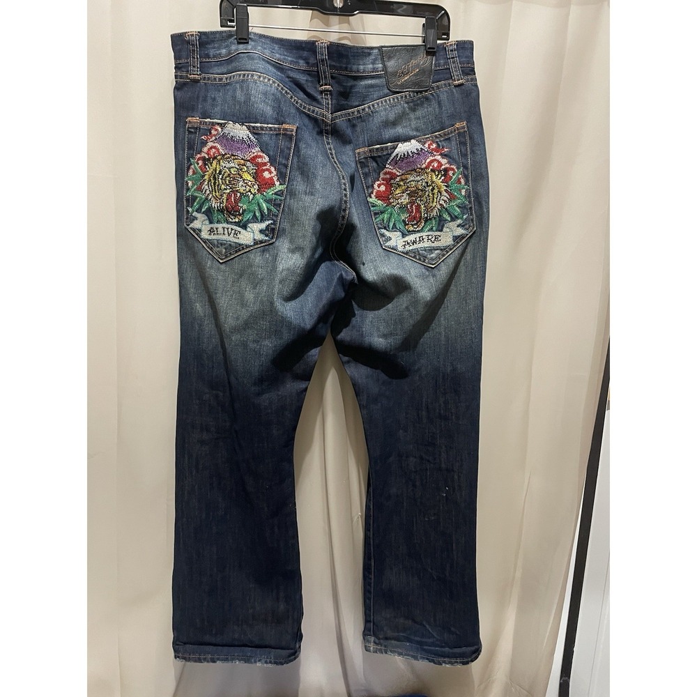 Vintage Ed Hardy Blue Jeans Mens 38x32 Tiger Embroidered Christian Audigier Y2K